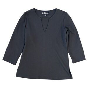 Lesley Evers 3/4 Sleeve Split V Neck Black Top Size Extra Small